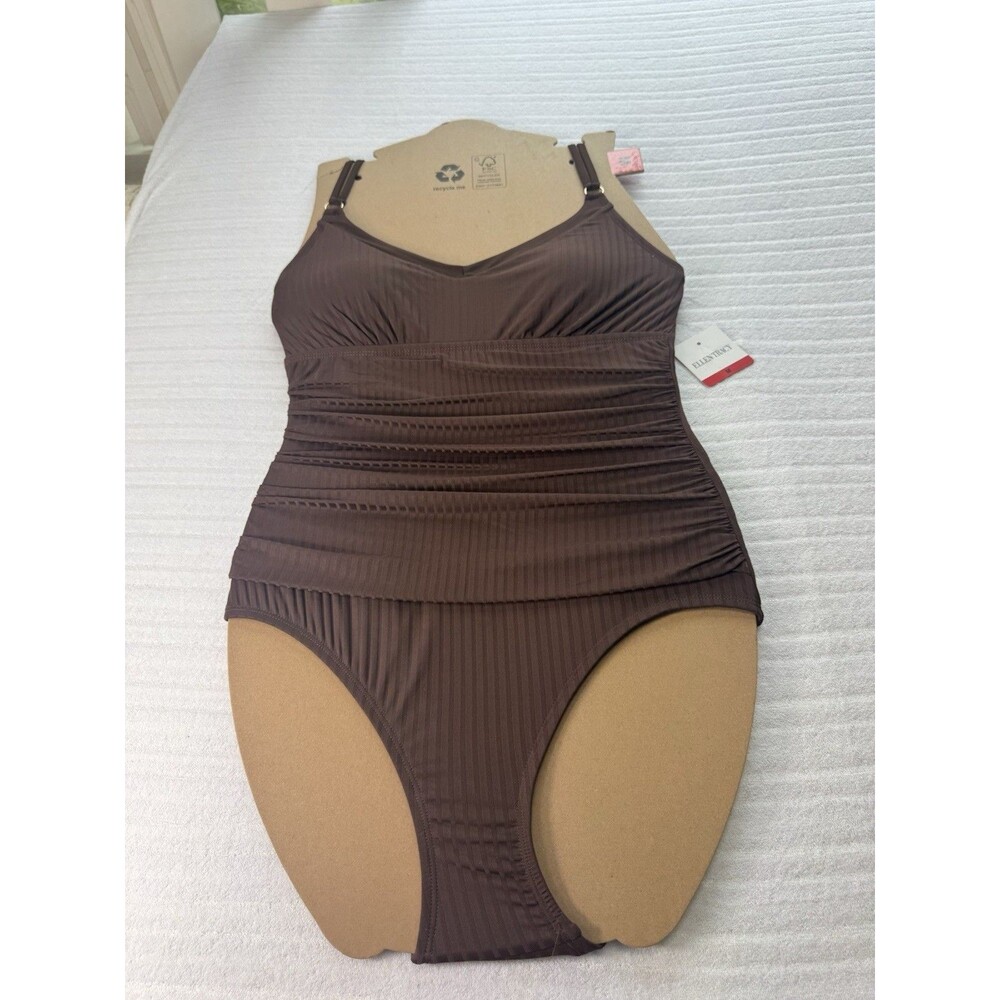 Ellen Tracy Women’s One-Piece Swimsuit Brown Ribbed Ruched Size M